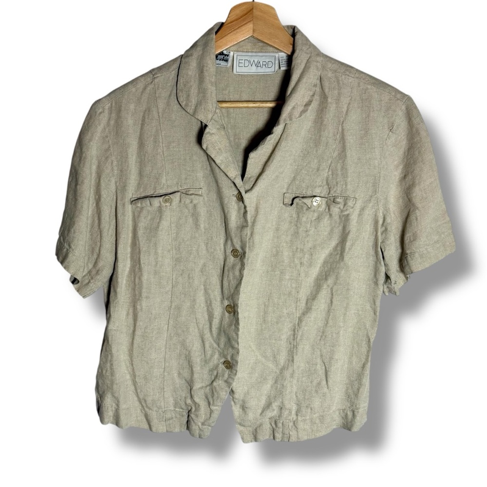 Edward 100% Irish Linen Beige Cropped Short-Sleeve Button Down Top-Womens Med